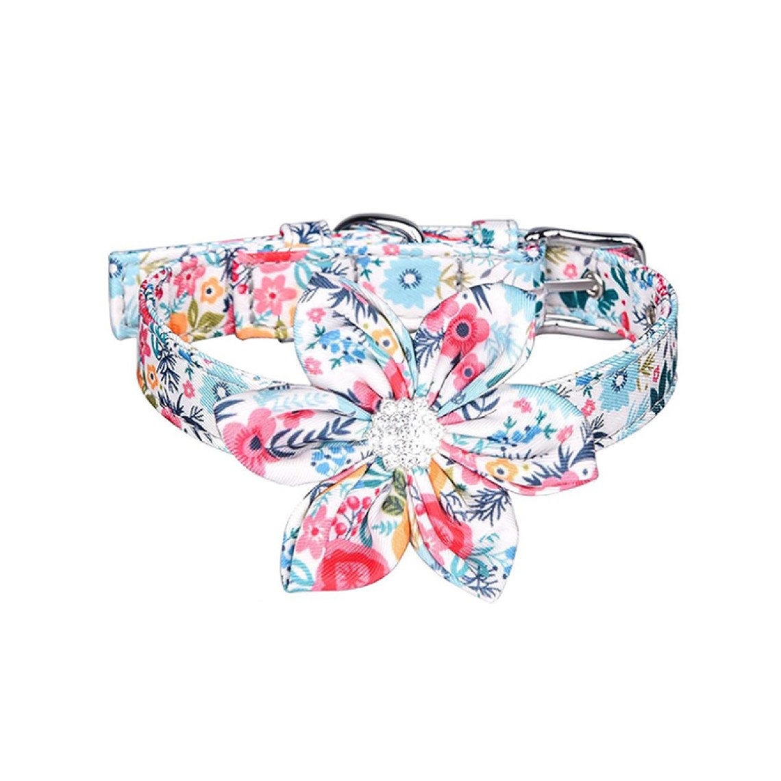 Adjustable pet collar with detachable bow tie and floral decoration
