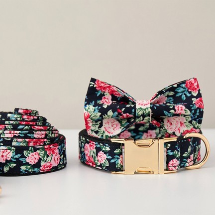 Black Floral Personalized Dog Collar Bow Tie