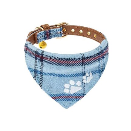 Blue Embroidered Wooden Stitch Plaid Dog Collar